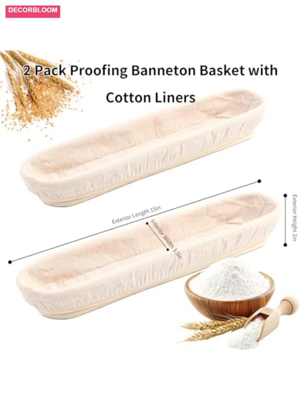 Banneton Bread Proofing Basket 15 inch Baguette Sourdough with Liners